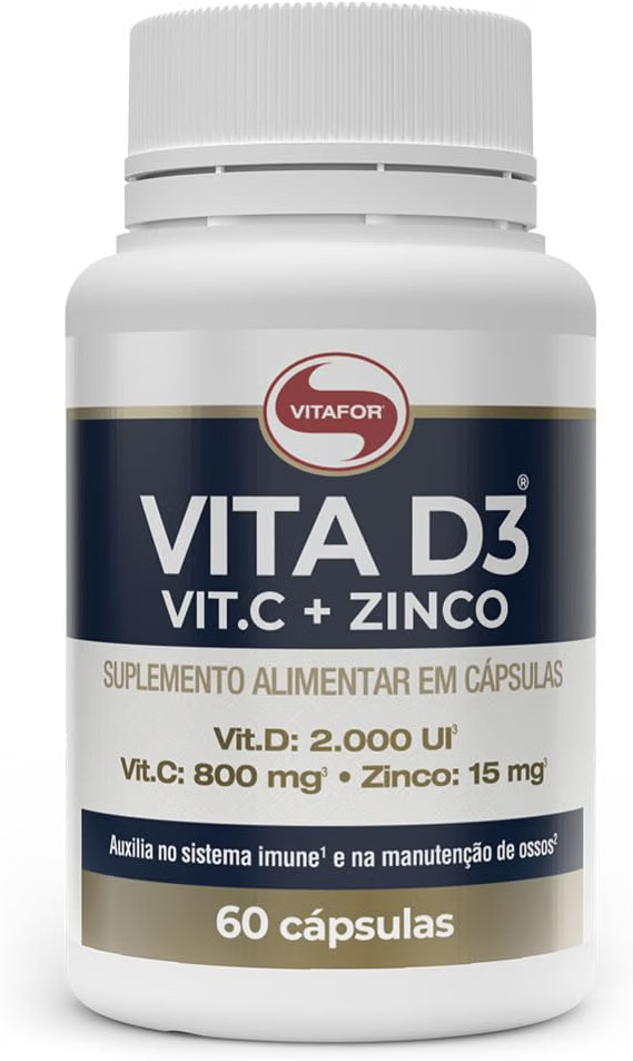 Frasco Vitafor Vita D3, Vitamina C e Zinco com 60 cápsulas