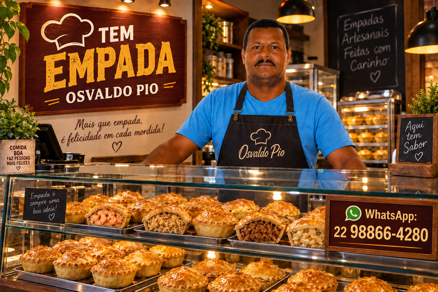 Vitrine da Tem Empada — Osvaldo Pio, com empadas artesanais