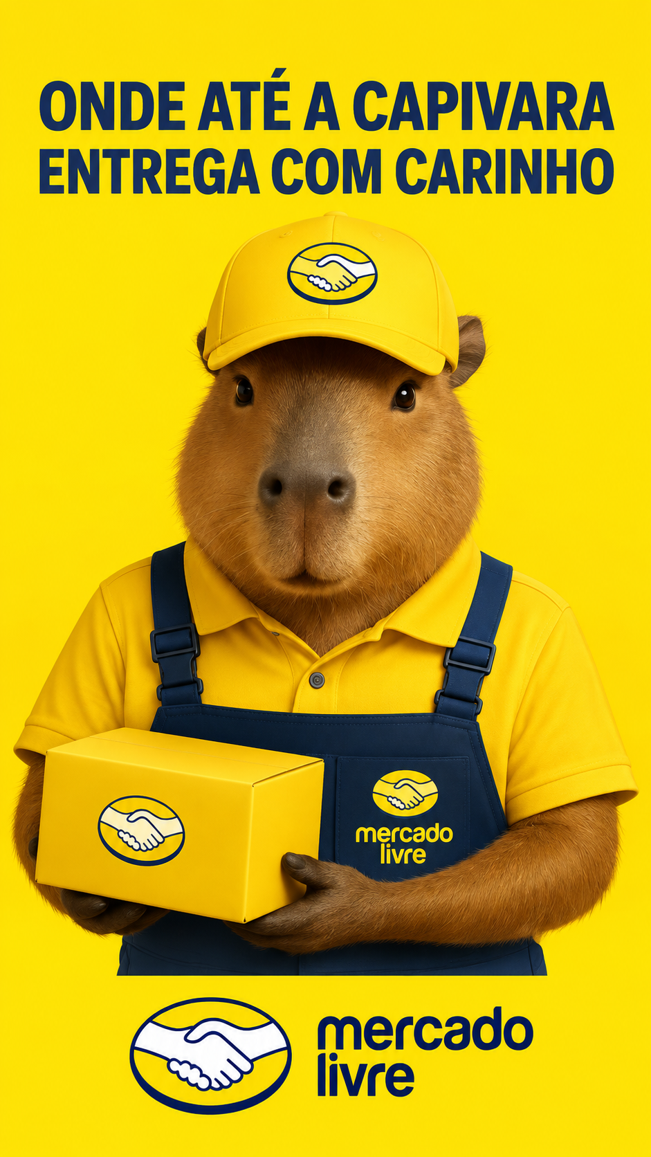 Capivara entregadora do Mercado Livre segurando uma encomenda