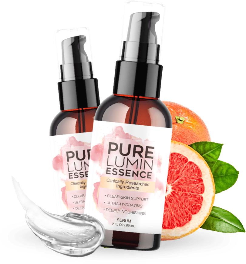 PureLumin Essence brightening skincare serum bottle with grapefruit, almonds and berries